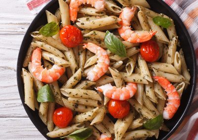 shrimp and veggie pasta, pesto, seafood pasta