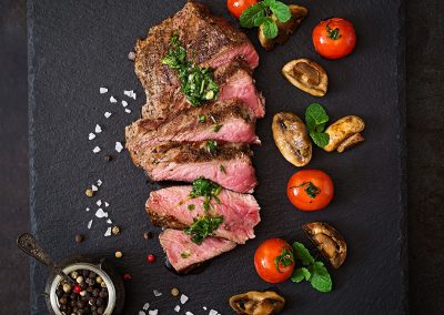 steak and mushrooms, high protein., medium rare steak